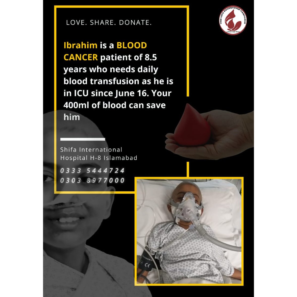 THELIFEPROTECT1's tweet image. Your 400 ml blood can save his life. Your 400 ml can bring hope for him and his family. You can feel the shine in his eye, shine that is praying for his donors.

#thelifeprotectioncampaign #thelifeprotection #tlpc #blooddonation #bloodcancer #shifainternationalhospital