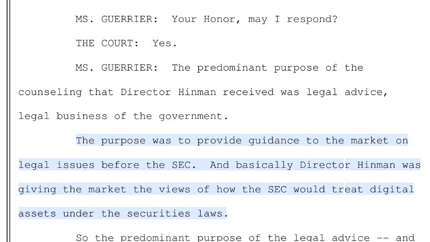 Attorney Filan got the transcript of the hearing from June 7 and my old, abused ears did NOT deceive me.
 
The SEC attorney really DID say that Hinman's speech provided the market "SEC" guidance.

The gambit has COMPLETELY fallen apart for the SEC in re the Fair Notice Defense.