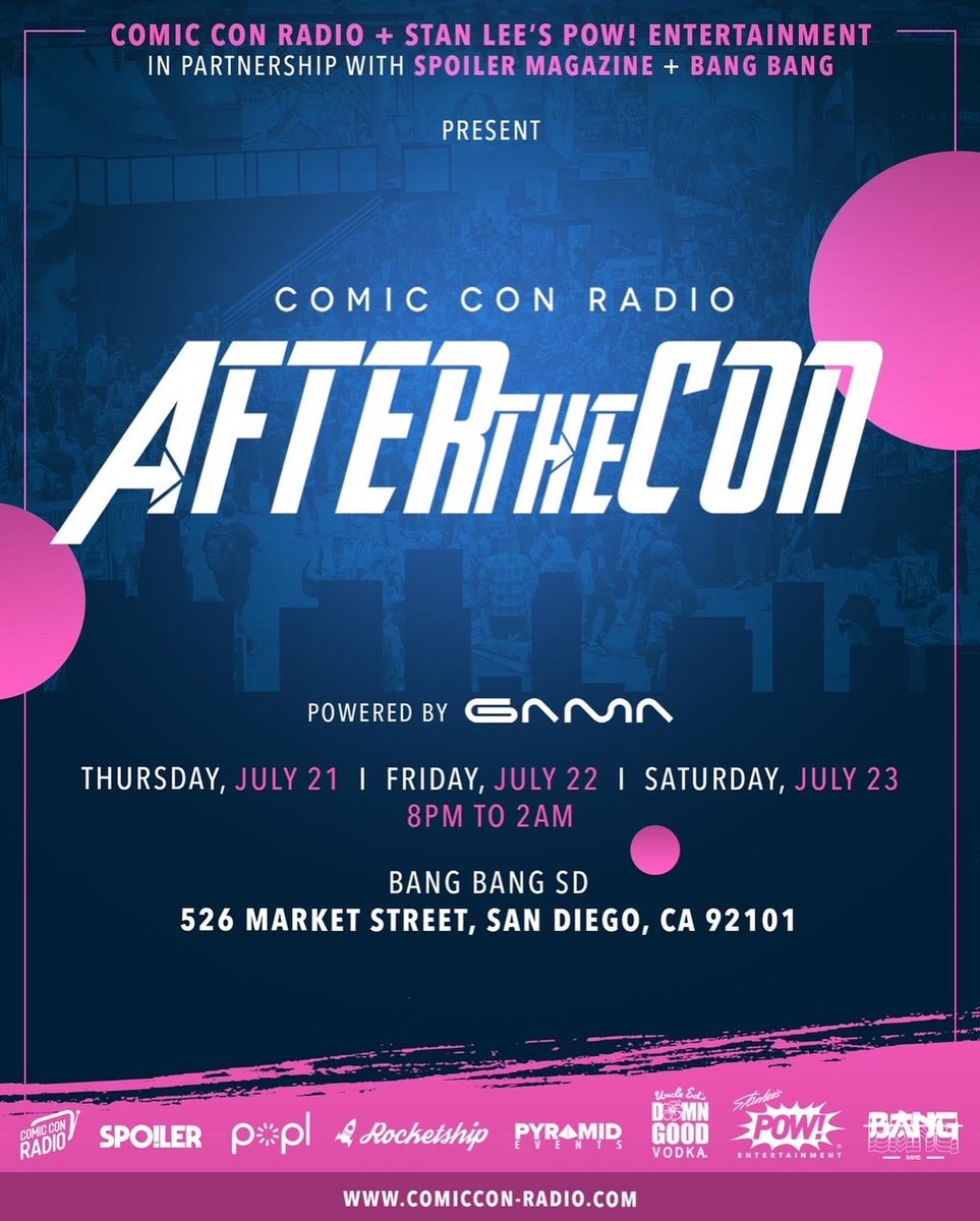 TheRealStanLee's tweet photo. POW! + @ComicConRadio1, in partnership with @spoilermag, present AFTERtheCON with giveaways, DJs, cosplay &amp; more 7/21, 7/22 &amp; 7/23 at SDCC!
The first 200 fans (21 &amp; older) who RSVP to Events@ComicCon-Radio.com get on the guest list. We hope to see you there!
#StanLee #SDCC https://t.co/35fE3B76Ob