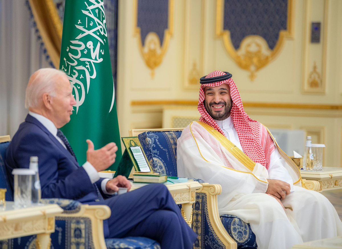 spagov's tweet photo. سمو #ولي_العهد وفخامة رئيس الولايات المتحدة الأمريكية، يعقدان جلسة مباحثات رسمية، بقصر السلام في #جدة.
#القمة_السعودية_الأمريكية
#SaudiUSSummit
#واس https://t.co/FEmKBK3bcp