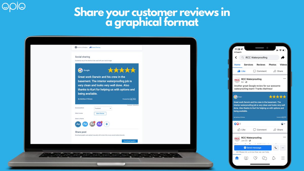 We have been working on a way to share your customer reviews in a graphical image allowing you to update the background colours and fonts or upload your own background image. 

Feel free to contact us or see our blog post to learn more 

opioapp.com/social-sharing/