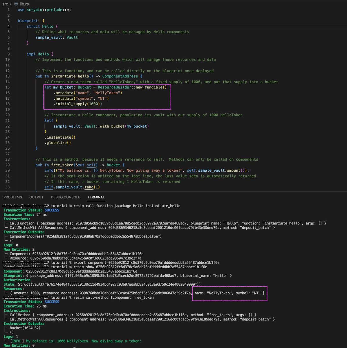 Still not very far with my #ScryptoClassOf2022 but as I’m going to attend the <a href="/radixdlt/">Radix - Radically Different DeFi</a> dev event next week, I thought… well let’s try to run a #Scrypto project 👩‍💻
And half an hour later I created my NellyToken on the simulator 😍