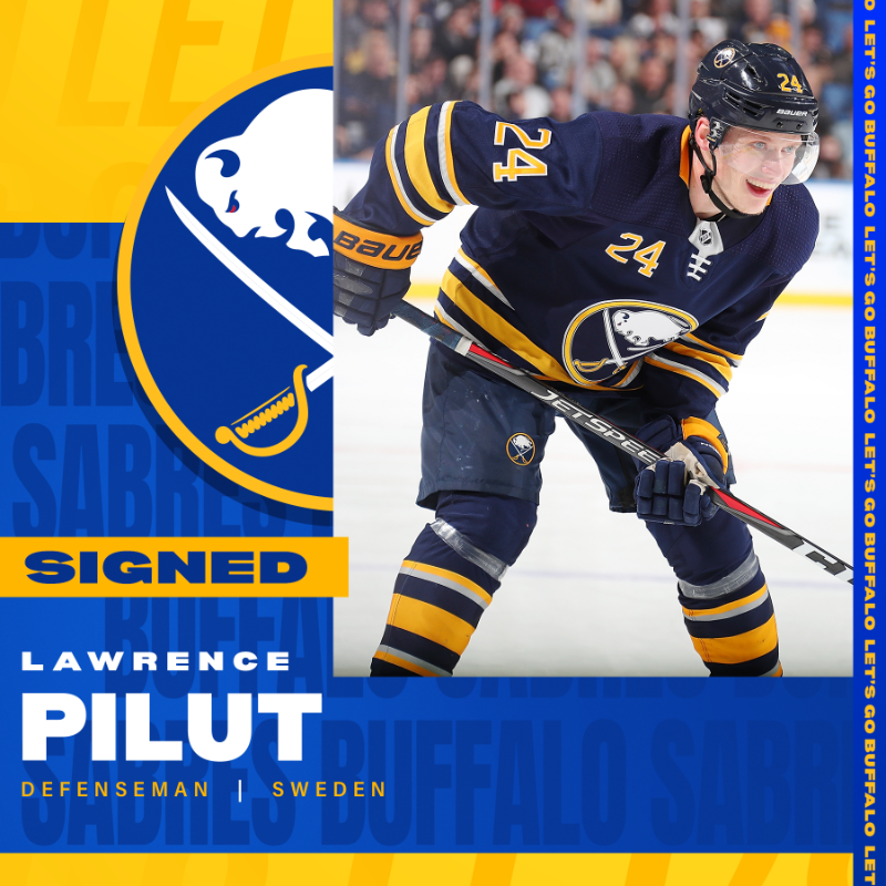 BuffaloSabres's tweet photo. Welcome back‼️

We've signed Lawrence Pilut to a one-year contract worth $750,000.

#LetsGoBuffalo