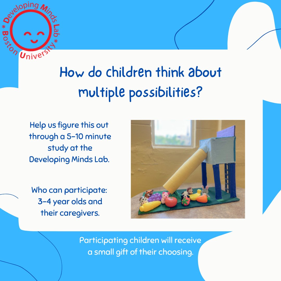 BUDevMindsLab's tweet photo. Come and help us understand how young children reason about multiple possibilities at @BUDevMindsLab  #boston https://t.co/bd1MawfQSC