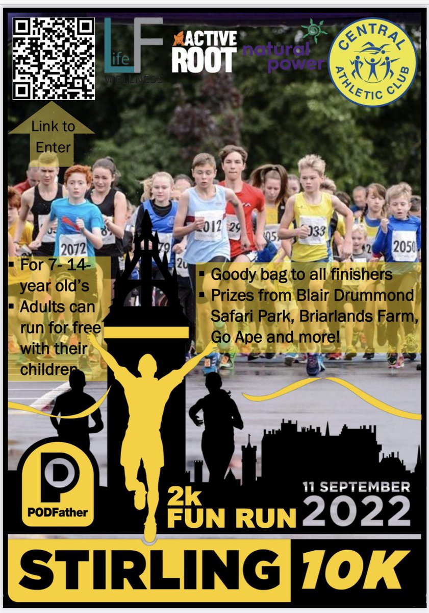 Podfather Stirling 10k (@stirling10k) on Twitter photo Our 2k fun run is back for 2022!
We have fantastic prizes from likes of <a href="/BlairDrummondSP/">Blair Drummond SP</a> <a href="/BriarlandsFarm/">Briarlands Farm</a> and <a href="/GoApeAberfoyle/">Go Ape Aberfoyle</a> to give away across 3 age groups.
The 2k is for ages 7-14 although adults are free to run with a youngster if they would prefer.
Entries are £5 Our 2k fun run is back for 2022!
We have fantastic prizes from likes of <a href="/BlairDrummondSP/">Blair Drummond SP</a> <a href="/BriarlandsFarm/">Briarlands Farm</a> and <a href="/GoApeAberfoyle/">Go Ape Aberfoyle</a> to give away across 3 age groups.
The 2k is for ages 7-14 although adults are free to run with a youngster if they would prefer.
Entries are £5