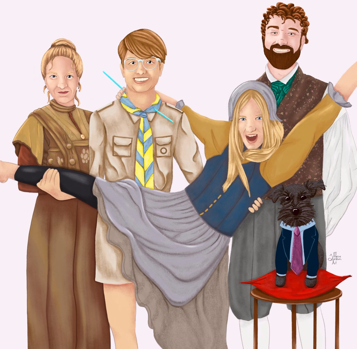 For the 3rd year in a row @MarcieLondonArt has produced a wonderful family portrait for us. This year we are #bbcghosts. We particularly like Neville as Julian 🤣 @sheula_barlow @JimHowick
