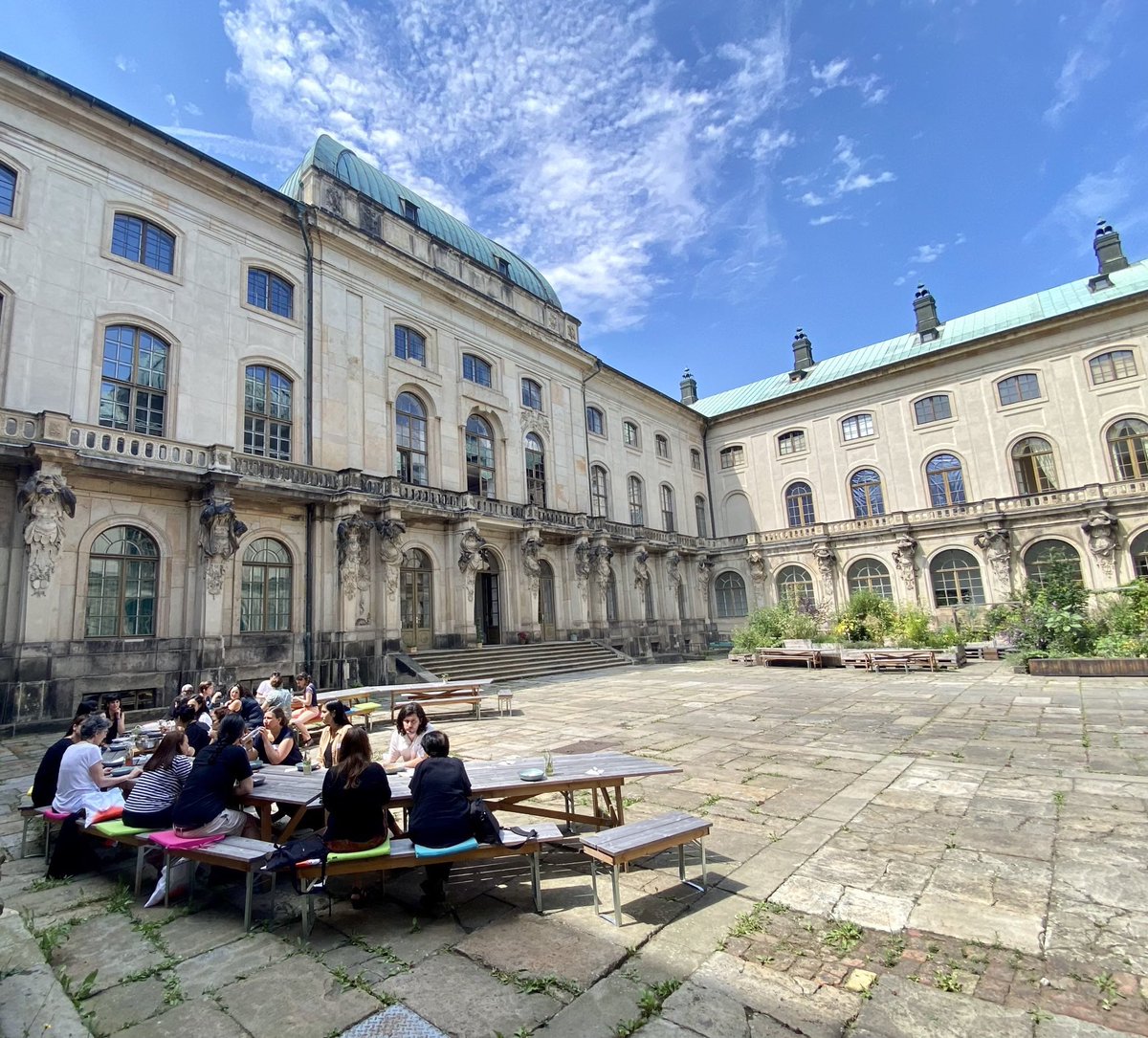 WPCProject's tweet photo. Between panels and discussions, we have been continuing our conversations in the courtyard of the Japanisches Palais over meals and drinks from the museum’s “zero-waste” cafe, which gets much of its ingredients from the museum garden! https://t.co/f0uTl4m7hs