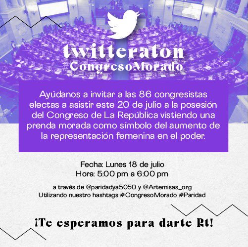 paridadya5050's tweet photo. ¿Te gustaría ver a las 86 congresistas electas vistiendo una prenda morada este 20 de julio como símbolo de la fuerza política de las mujeres? Ayúdanos a expandir el mensaje y poner el #CongresoMorado con esta twitteratón  🏛💜

📲 Utiliza el HT #CongresoMorado y #ParidadYa 📣 https://t.co/JpNTXAy703