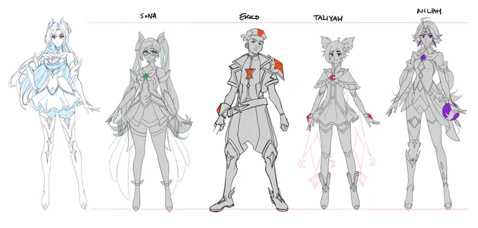 wish we got to show off the LoLPC squad some more in the #StarGuardian  MV! these were some of my early concepts trying to figure out the style/simplifying the SG uniform 

+ some doodles...they're all really fun to draw!! i wanna do more slice of life stuff with them 🥴 