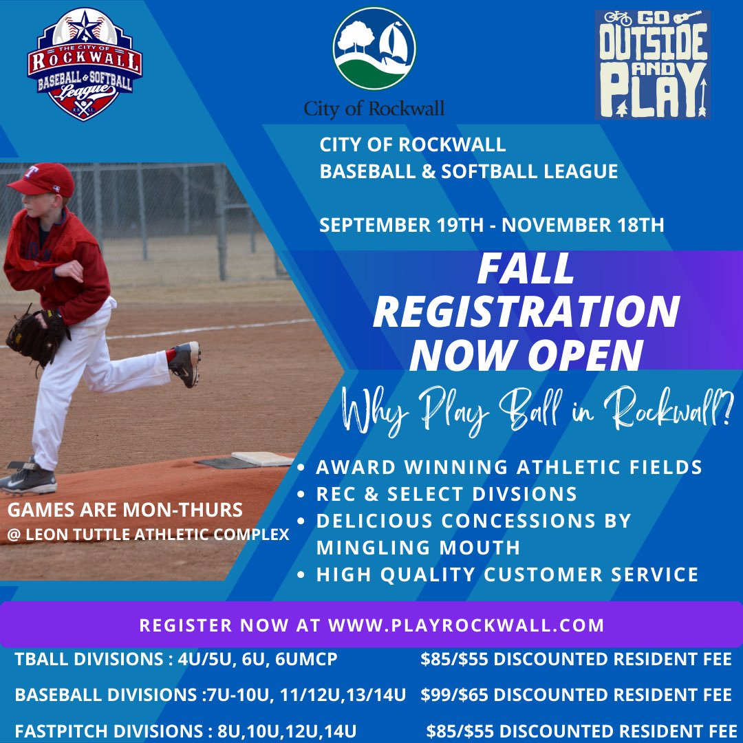 Play Ball!
Fall registration for the Rockwall Baseball &amp; Softball League is now open. Register at playrockwall.com.
Season will begin September 19th
 teamsideline.com/sites/rockwall…