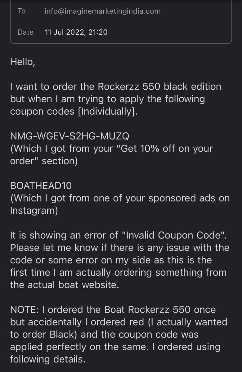 Darshayu1799's tweet photo. @RockWithboAt @amangupta0303 I tried ordering the boat rockerzz 550 but the coupon codes which your official websites are giving are not applicable on the company’s official website itself. I wrote an email as well but no response. #boAt https://t.co/QaMOGqBL12