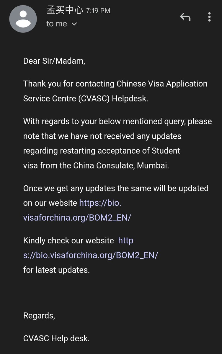 RachitaKurmi's tweet photo. Sent emails regarding update on Return of Indian Students to China.
Following are the two replies from Indian Embassy, Beijing and Mumbai Chinese Visa Application Centre.
#takeUsBackToChina @takeusbacktoCHN @JiRongMFA @IndianChina @GDTVhazza @EOIBeijing @association_iac @FMGPA2 https://t.co/QZ4gzuN5Ta