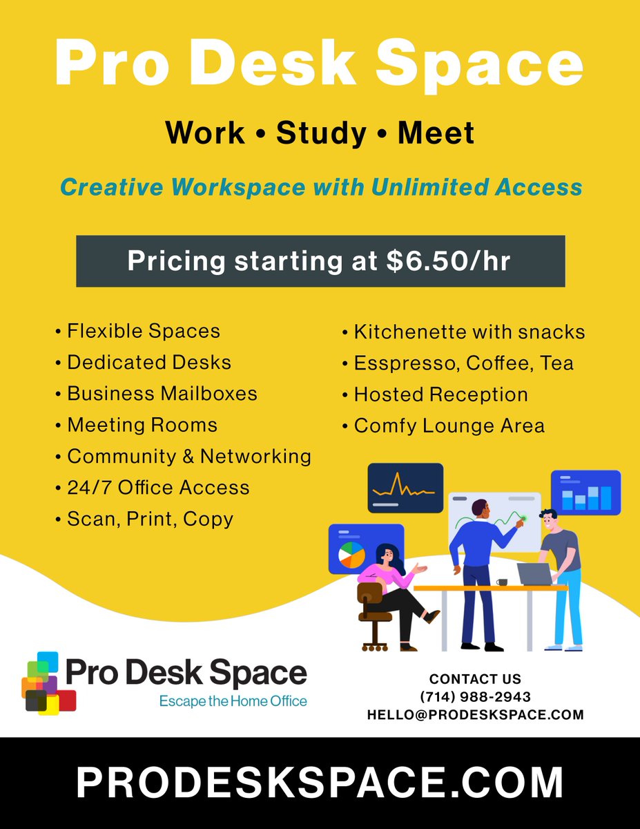 Check out this flyer our students made for one of our clients this semester! For all your creative workspace needs, make sure to check out Pro Desk Space!