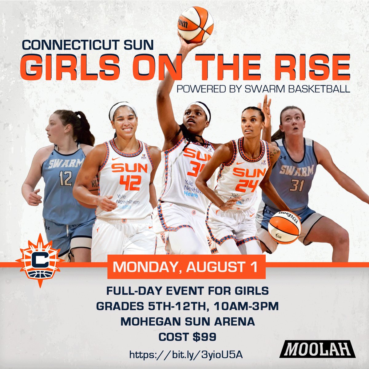 ConnecticutSun's tweet photo. 🔊 CALLING ALL 5TH-12TH GRADE GIRLS! 

Learn about leadership from professional coaches and staff, and get in skills work on the court at Mohegan Sun Arena. $99 fee includes a ticket to Sun vs. Mercury on August 4th 🎟️ #CTSun  

REGISTER: https://t.co/QAy3mY3Ceo https://t.co/ukeaTXQt05