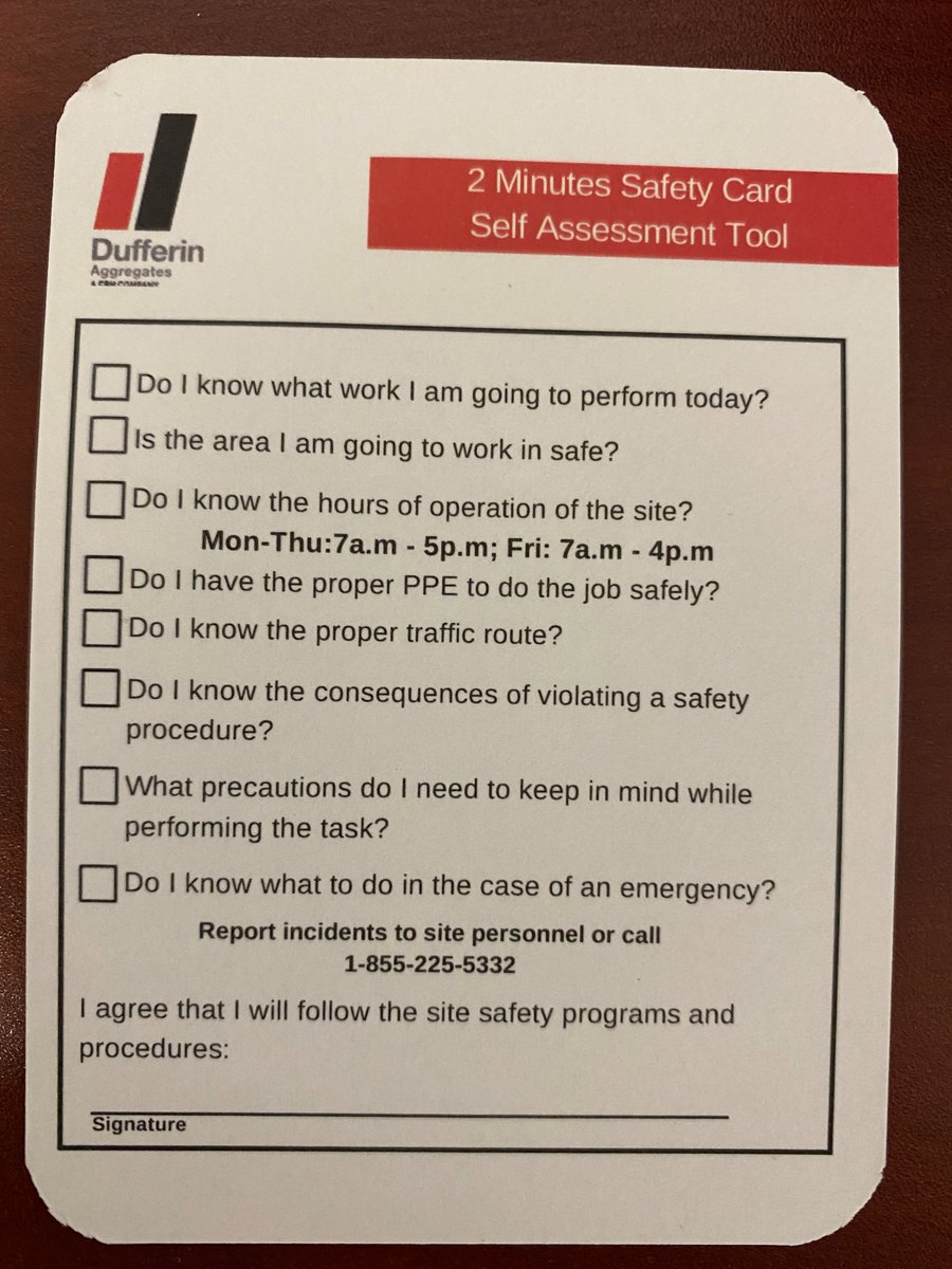CRHCanada's tweet photo. Dufferin Aggregates is now distributing Safety Cards to soil trucks visiting the Acton and Milton Quarries. These pocket-sized cards provide information on important safety protocols including speed limits, traffic signs, PPE requirements, and safety hazards. #SEESTOPDO https://t.co/d4jYRGxTXh