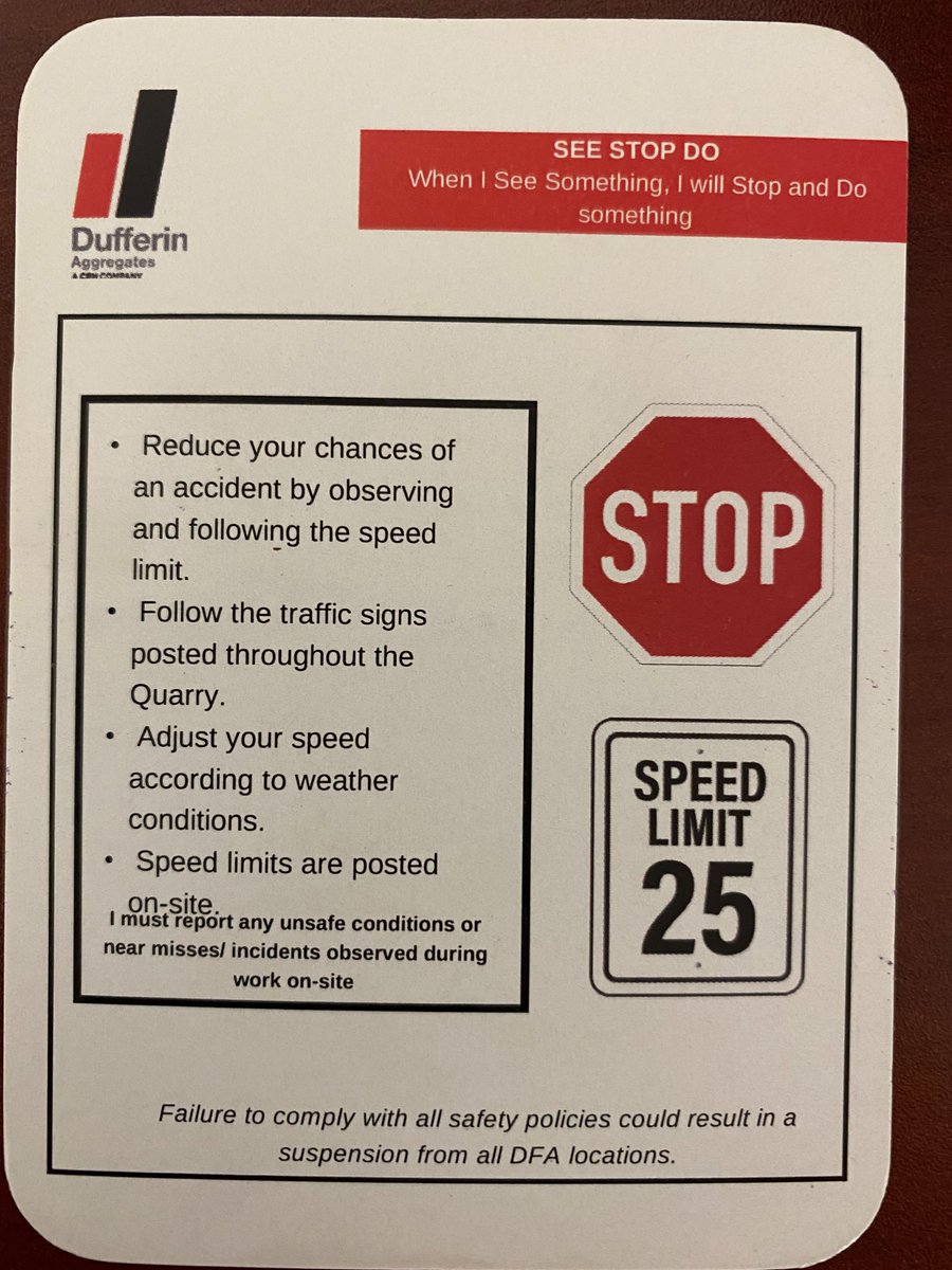 CRHCanada's tweet photo. Dufferin Aggregates is now distributing Safety Cards to soil trucks visiting the Acton and Milton Quarries. These pocket-sized cards provide information on important safety protocols including speed limits, traffic signs, PPE requirements, and safety hazards. #SEESTOPDO https://t.co/d4jYRGxTXh
