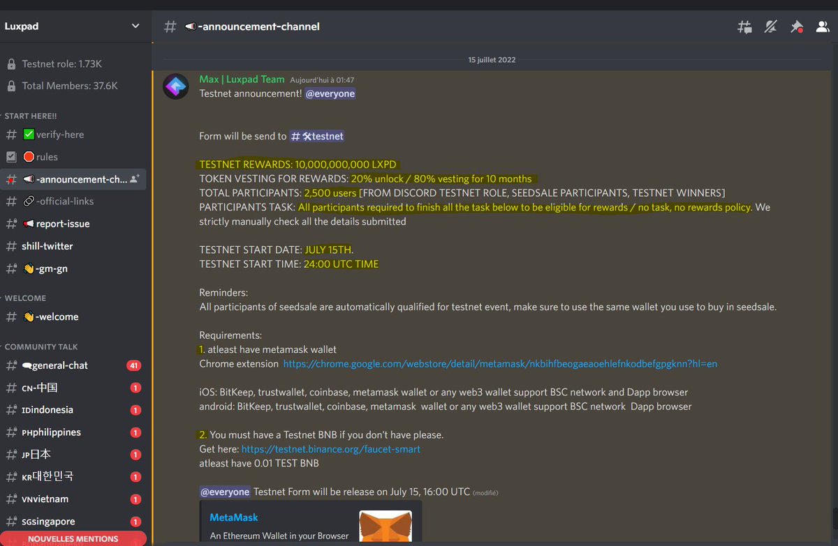 AirdropsCaptain's tweet photo. 📢 @LuxpadOfficial Testnet Released 📢
If you have the #testnet role, a form will be open at 23:59 UTC:
👉 https://t.co/2BOBhyl7gZ
Only 2500 participants are allowed. Make sure to finish the tasks to be eligible for rewards🪂🏴☠️
Note: check requirements (see pic)👍
#IDO #LXPD https://t.co/I1I2QQGkFr