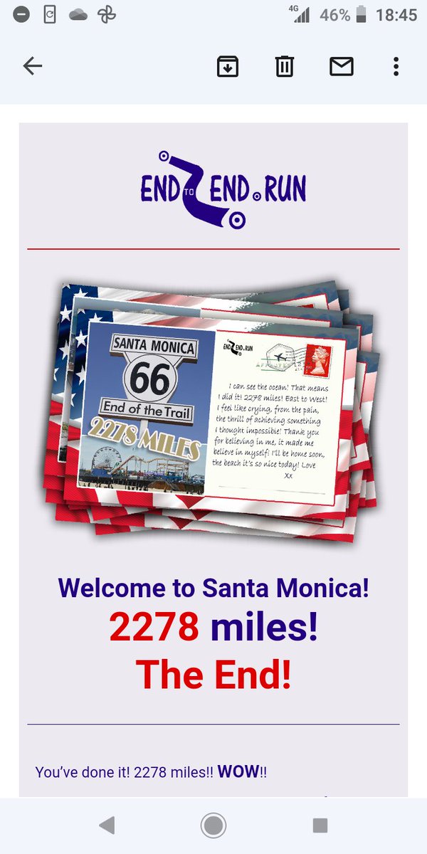 I did it! 18 of walking have seen me virtually travel along #route66. Thanks to my fellow travellers @jillmw_runner @rebootingme and @DrJenThrows and @AgentSeska for keeping me company