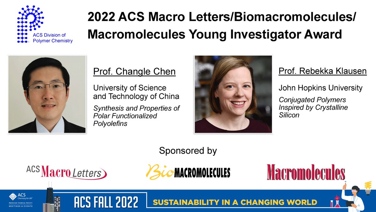 POLY_ACS's tweet photo. Celebrate the 2022 ACS Macro Letters, Biomacromolecules, Macromolecules Young Investigator Award winners at the upcoming ACS Fall Meeting in Chicago!
POLY/PMSE Plenary Event & Reception - Wednesday, August 24th @ 6 PM
#ACSFall2022 #POLYACS @BekkaKlausen https://t.co/vvO5Xc4KqJ