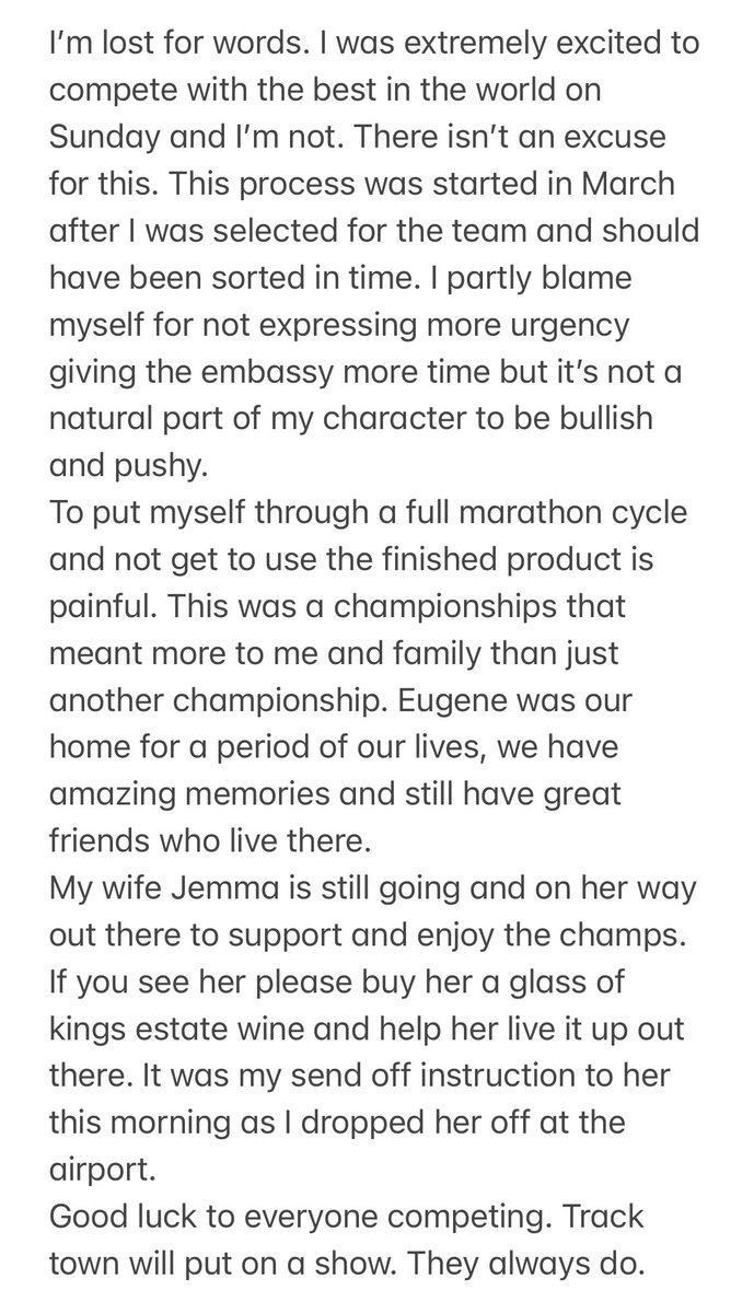 Thommo10k's tweet photo. I can’t thank the athletics community enough for their show of frustration and support in this late passport issue. I’m struggling to find words of how this happened and that I won’t be at the world champs. but I hope this can and will be avoided in the future. https://t.co/mlwEa4evYa