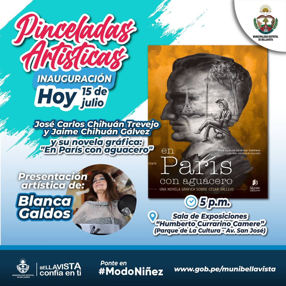Muni_Bellavista's tweet photo. #BellavistaCultural | No se pierdan hoy la inauguración de Pinceladas Artística y la presentación de la novela gráfica 'En París con aguacero'.

La cita es en el Parque de La Cultura, a las 5 p.m.

¡Los esperamos! https://t.co/GcaPlIa6YW