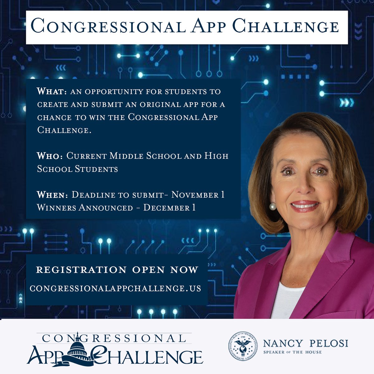 SpeakerPelosi's tweet photo. Calling all San Francisco middle and high school students interested in exploring STEM and computer science: the deadline for the Congressional App Challenge is November 1st! Find out more at: https://t.co/rqndKt1uXr https://t.co/8MRAOLJqKh
