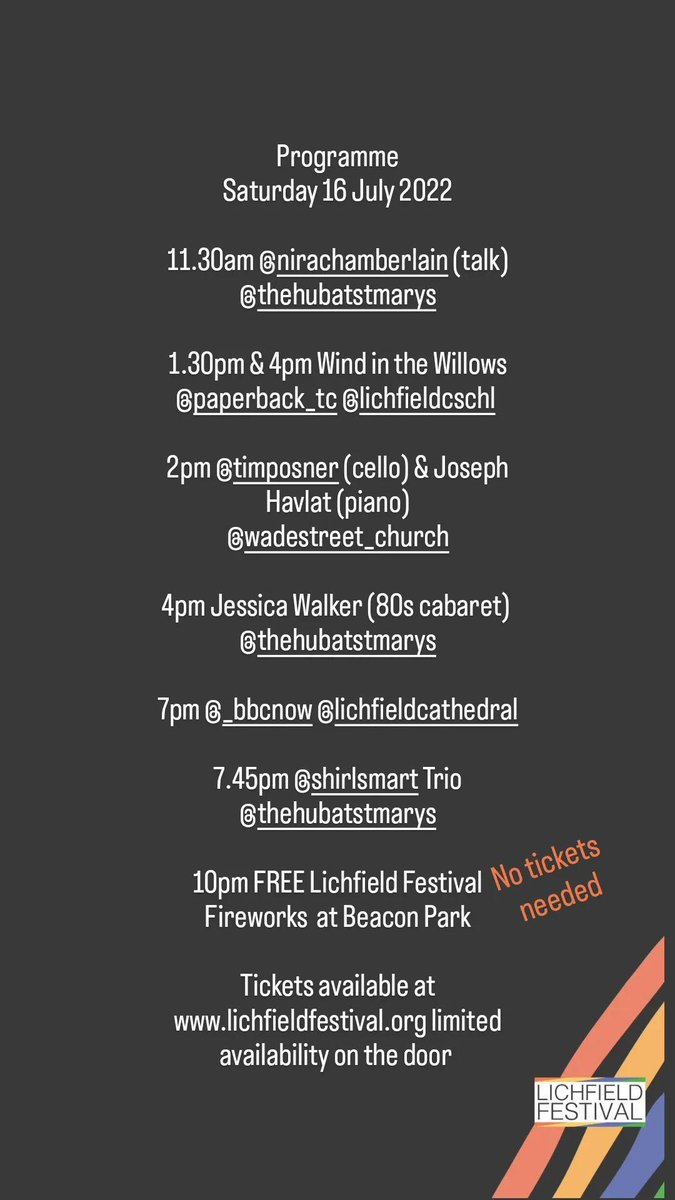 lichfieldfest's tweet photo. Tomorrow's line-up - it's a busy one! Including @ch_nira @paperback_TC @timposner @joseph_havlat @BBCNOW @j4jessicawalker @shirlsmart get your tickets at https://t.co/ek6qsMNzWS
#lichfield #lf40 #lichfieldfestival #lichfieldcity https://t.co/a3wvPgSR5S