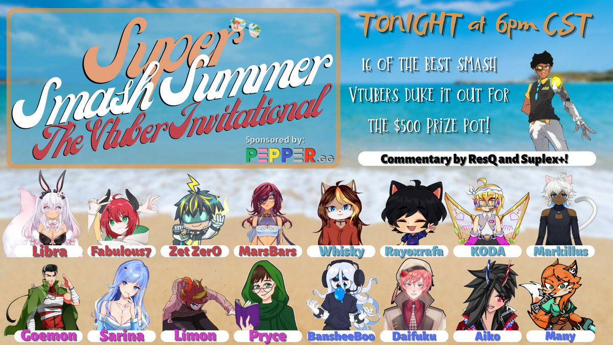 TONIGHT at 6pm CST! 

16 of the best Vtubers are smashing it out for $500! Who will come out on top? What Vtuber will reign supreme? When is Vtuber esports becoming a thing?!

See you all tonight 💜