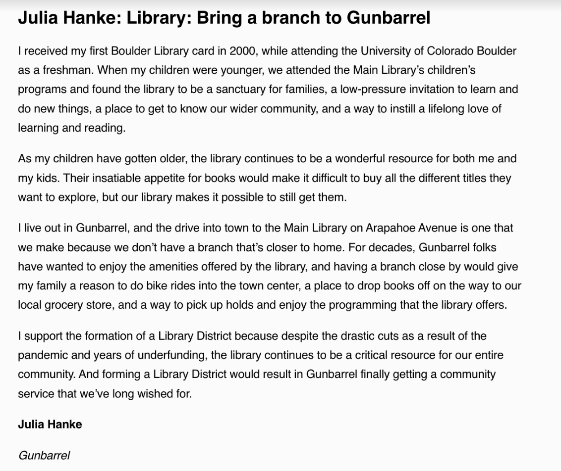 WeLoveBPLibrary's tweet photo. "I live out in Gunbarrel, and the drive into town to the Main Library on Arapahoe Avenue is one that we make because we don’t have a branch that’s closer to home."
A #LibraryDistrict will bring services to Gunbarrel.
https://t.co/Uxw1j8l5m2 https://t.co/inzYUjMuXQ