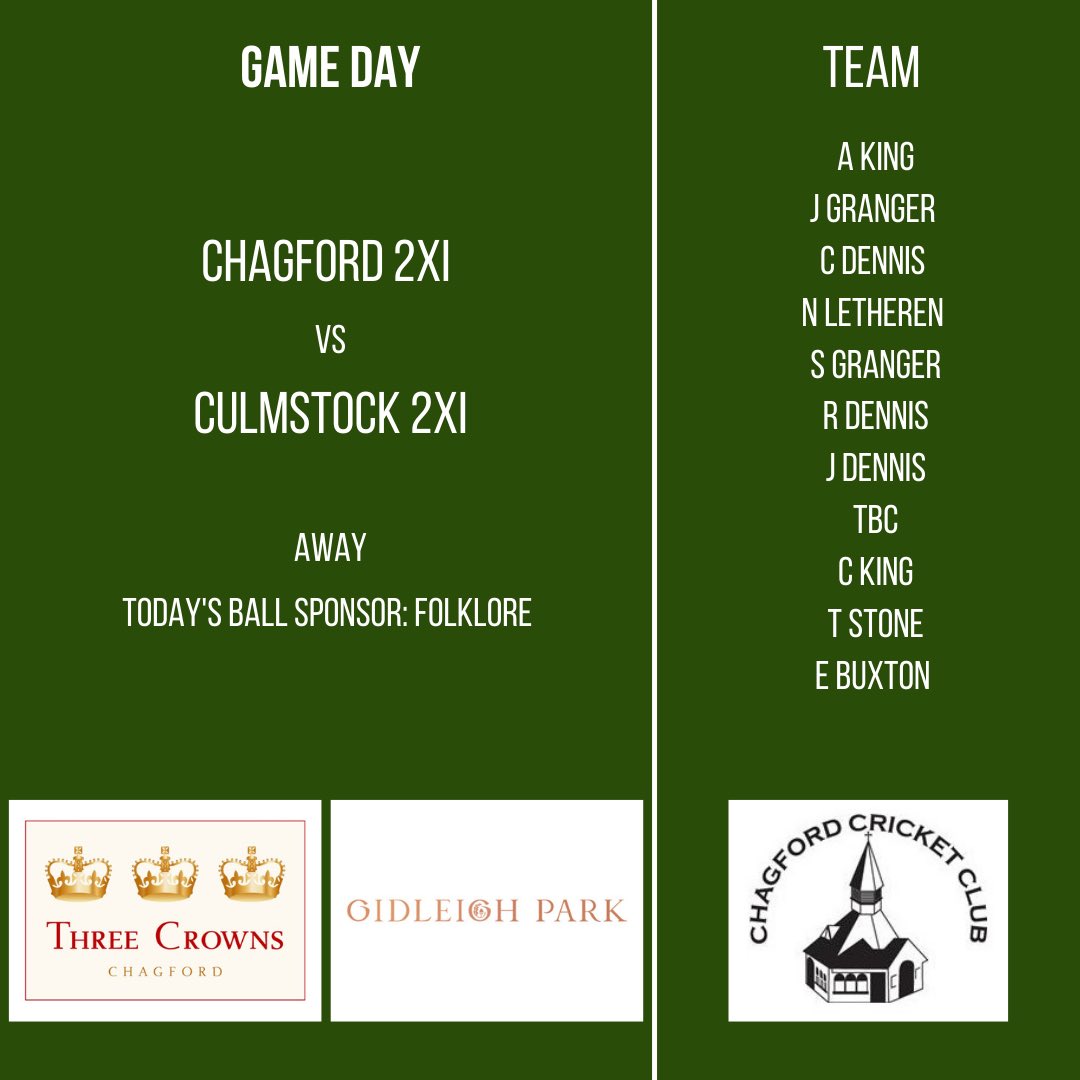 Chagford Cricket Club (@chagfordcc) on Twitter photo Game day tomorrow 16th July.
1s home vs <a href="/Chudleigh_CC/">Chudleigh Cricket Club</a> 2XI
2s away vs <a href="/CulmstockCC/">Culmstock CC</a> 2XI
Thank you to our ball and club sponsors for your continued support 🙏🏼
#idontlikecricketiloveit #grassroots #cricket #devoncricketleague Game day tomorrow 16th July.
1s home vs <a href="/Chudleigh_CC/">Chudleigh Cricket Club</a> 2XI
2s away vs <a href="/CulmstockCC/">Culmstock CC</a> 2XI
Thank you to our ball and club sponsors for your continued support 🙏🏼
#idontlikecricketiloveit #grassroots #cricket #devoncricketleague