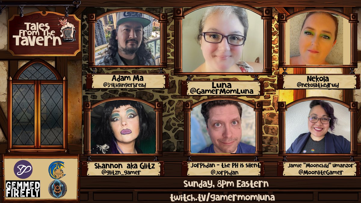 Holy heck! Did you guys see who's joining me on Tales from the Tavern on Sunday 7/17 at 8pm Eastern? I'll be joined by <a href="/34thGingerbread/">Adam Ma is promoting Teldramir!</a>, <a href="/Glitzn_gamer/">🌈🎙🦄 Glitz 🏳️‍🌈🏳️‍⚧️ 🏴‍☠️💋</a>, <a href="/Jorphdan/">Jorphdan, the PH is Silent</a>, @MoonliteGamer, &amp; <a href="/NekolatheDruid/">Nekola the Druid💚🍃</a>!! Come join in &amp; bring your #ttrpg questions for us! twitch.tv/gamermomluna