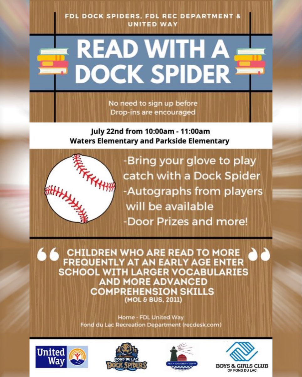 Read with a Dock Spider is back! Join us on July 22nd from 10am-11am at either Waters Elementary or Parkside Elementary! See the flyer for more information! Hope to see you there!