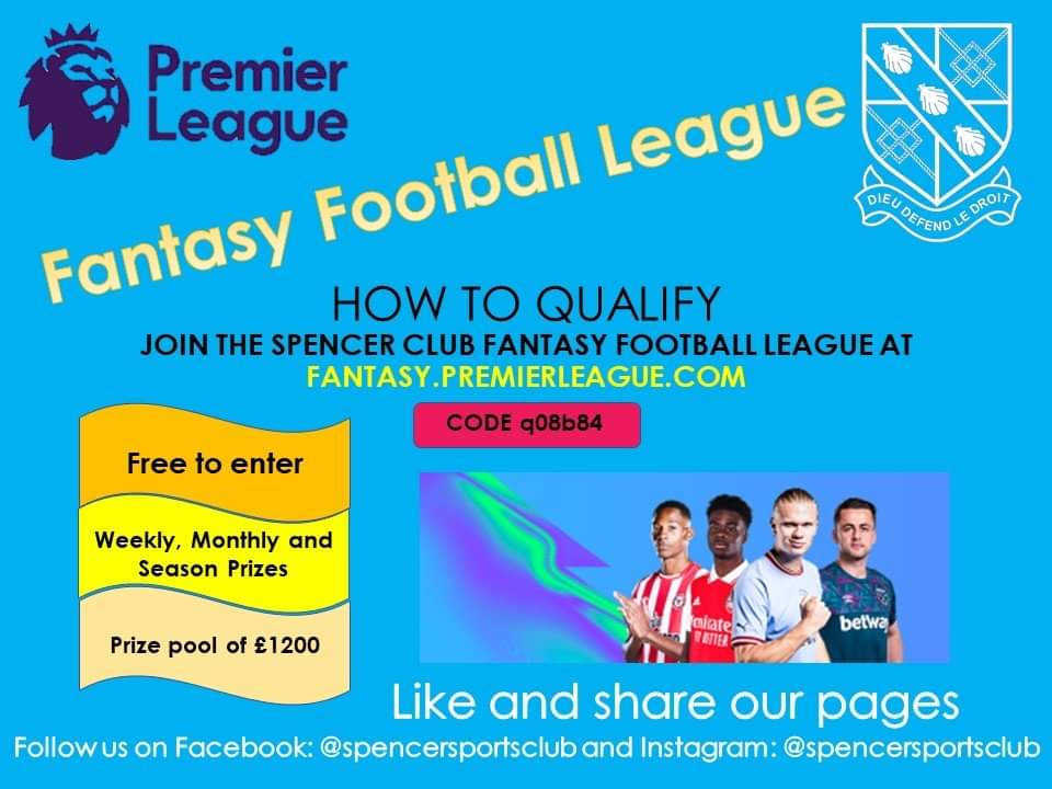 We're doing a Spencer Club wide Fantasy Football League this season. Free to enter with weekly, monthly &amp; season prizes.
Enter via Fantasy.premierleague.com using code q08b84.
Please send any questions relating to the league to James Martin via manager@spencerclub.org