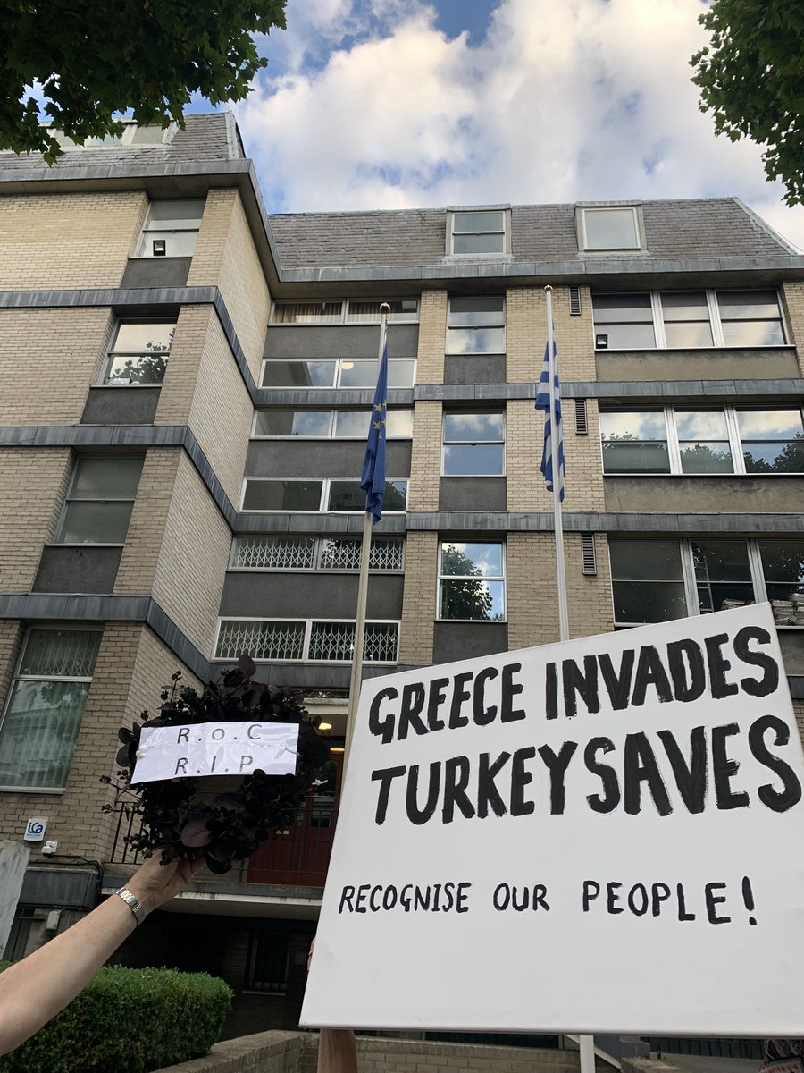 Young_Turk_Cyp's tweet photo. We are here outside the Greek embassy to raise awareness of the Greek Invasion of Cyprus which occurred 48 years ago today‼️ #GreekInvasionOfCyprus https://t.co/SMSmpWkL5W