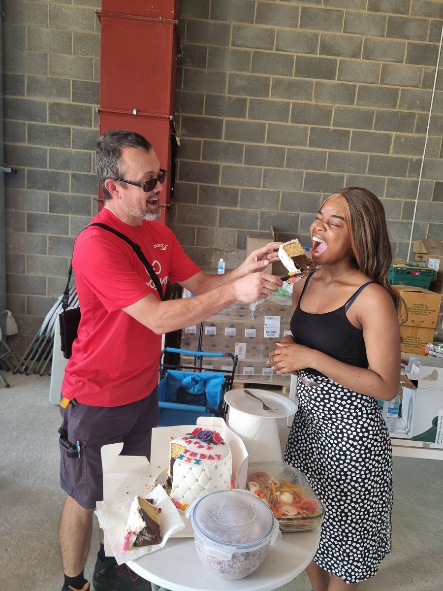 Woodberryaid's tweet photo. My #birthday right? & somebody else has taken the first bite of my #cake 😆 🤣 courtesy of my #volunteer. Jolly day! #community #food #shop #streetbox #euphemiachukwu @felixprojectuk @goodgym @CarryMe_Bikes @mayorofhackney @SarahWoodberryD @hackneycouncil @CaritasWestm https://t.co/77roFs38p0