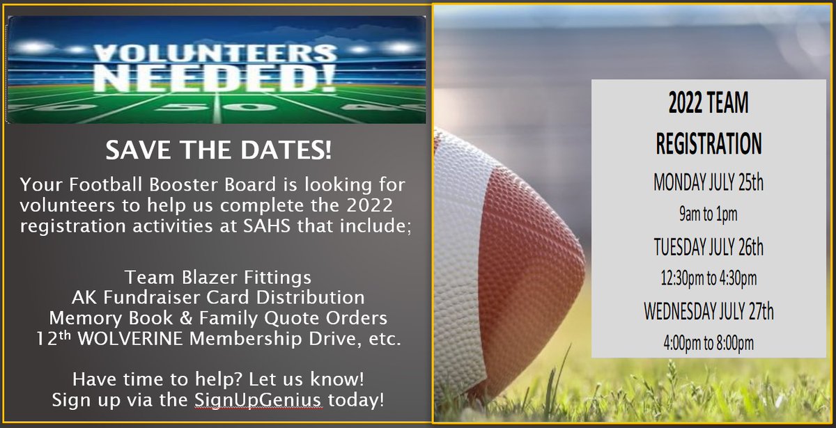 South Football (@sahsfootball) on Twitter photo South football families....VOLUNTEER TODAY & help deliver a 1st-Class experience! We have program specific activities for families to complete after players  register & receive their "golden ticket" from the SAHS Office.
Use the SignUpGenius link below.
signupgenius.com/go/30E0944ACAC… South football families....VOLUNTEER TODAY & help deliver a 1st-Class experience! We have program specific activities for families to complete after players  register & receive their "golden ticket" from the SAHS Office.
Use the SignUpGenius link below.
signupgenius.com/go/30E0944ACAC…