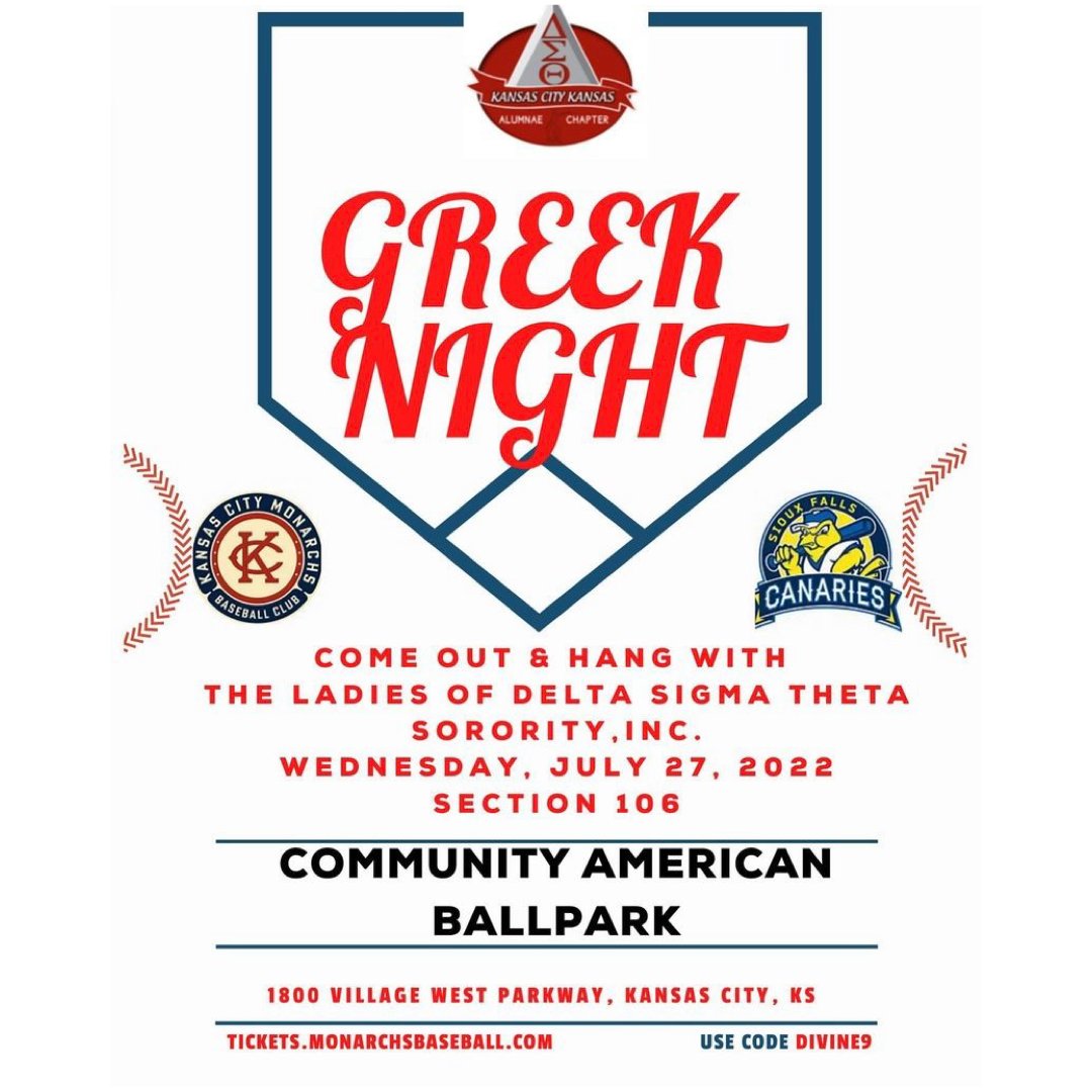 Greek + HBCU Night at Legends Field is Wednesday, July 27th. 

Whichever local KC Greek Chapter sells the most tickets, selects a KC charity to receive a portion of ticket sales! 

Visit tickets.monarchsbaseball.com and use code DIVINE9.  See link in our bio.