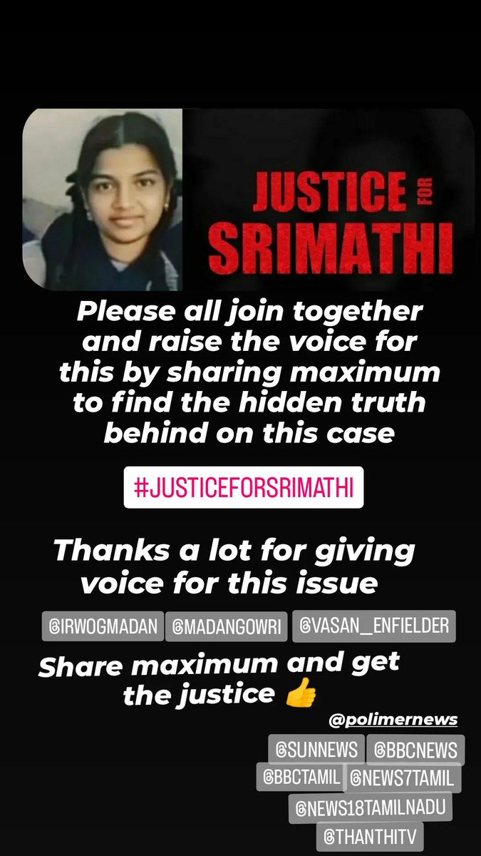 vigneshshil's tweet image. Share maximum to find the hidden truth behind on this issue .
#justiceforsrimathi @mkstalin
Thanks for speaking about this issue @madan3 
Please my kind request to all news media please look on this issue give the correct report for her justice.
@polimernews @ThanthiTV @sunnews