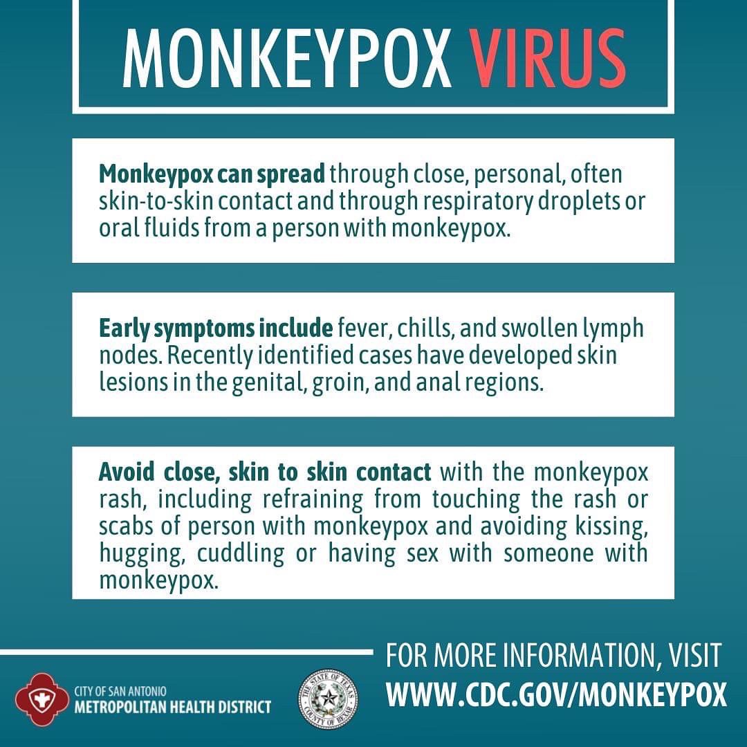 The monkeypox virus outbreak is growing in the United States and elsewhere.  As of today, Bexar County has two confirmed cases of monkeypox. 

More information about monkeypox and how to prevent infection can be found on the CDC Monkeypox website cdc.gov/poxvirus/monke….