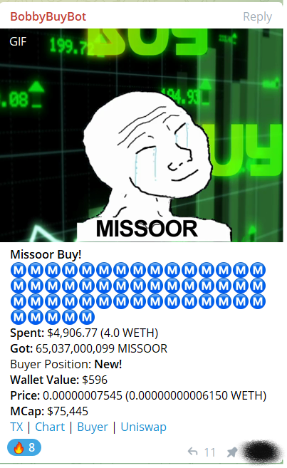 MissoorERC20's tweet photo. Well that guy didn't want to be a #Missoor. We aren’t even 24hours old and we are getting some whale buys
First of many?👀

Buying competition is also over now, and the winner was wallet ending 5bEB. More incoming, don't miss them and join our telegram https://t.co/hMZwzFFEWb https://t.co/FGxKolCsj1
