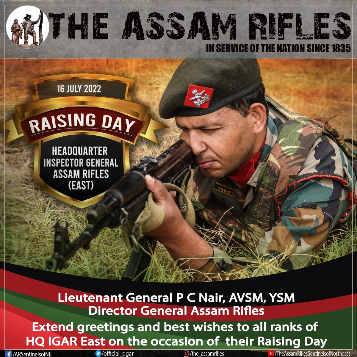 Lieutenant General P C Nair, AVSM, YSM, Director General #AssamRifles, Extend Greetings and Best Wishes to all ranks of HQ IGAR East on the occasion of their Raising Day.
.
.
.
#assamrifles #sentinelsofnortheast #friendsofnortheastpeople #raisingday #greetings #bestwishes