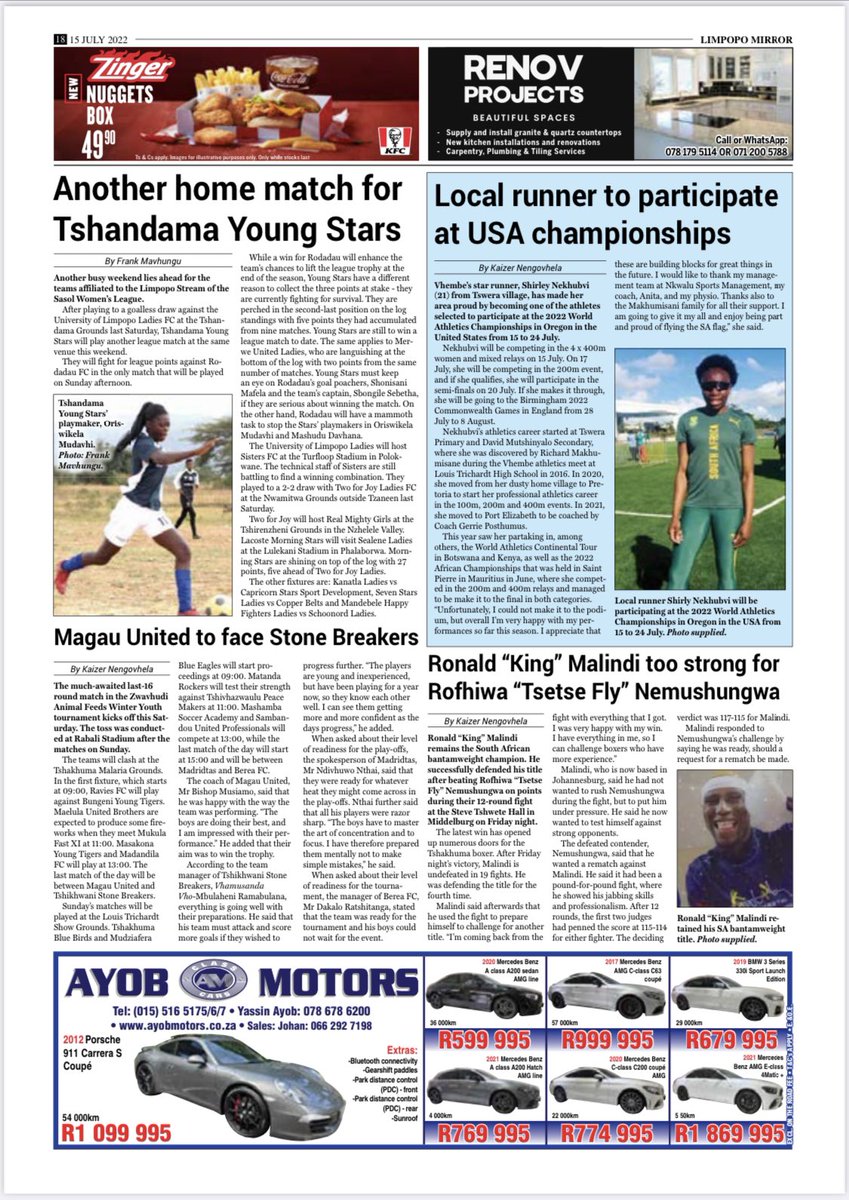 RenovProjects's tweet image. Limpopo Mirror back page today. Call or WhatsApp Renov Projects for your new kitchen or renovation needs 📞078 179 5114  #VhuvhambadziDrive #renov