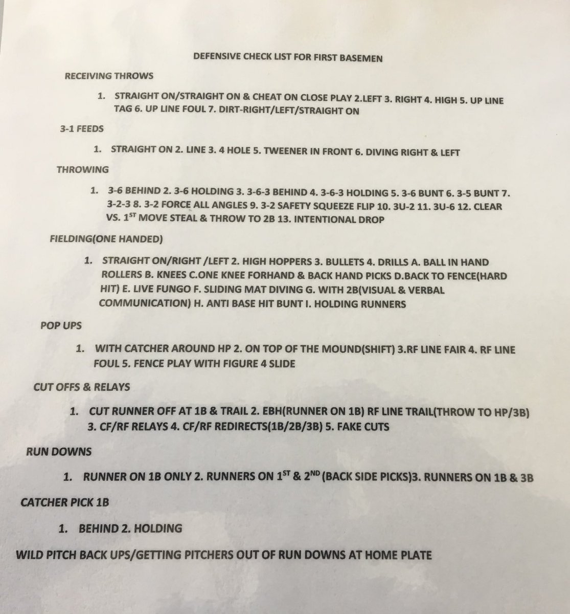 We tend to ignore our 1st baseman. This check list gives you an appreciation for the scope of the position. It’s a bat 1st position but good defenders greatly affect the defensive efficiency of your P, C &amp; the other 3 INF’s.
“ANYONE CAN PLAY FIRST EXCEPT THEY CAN’T.”