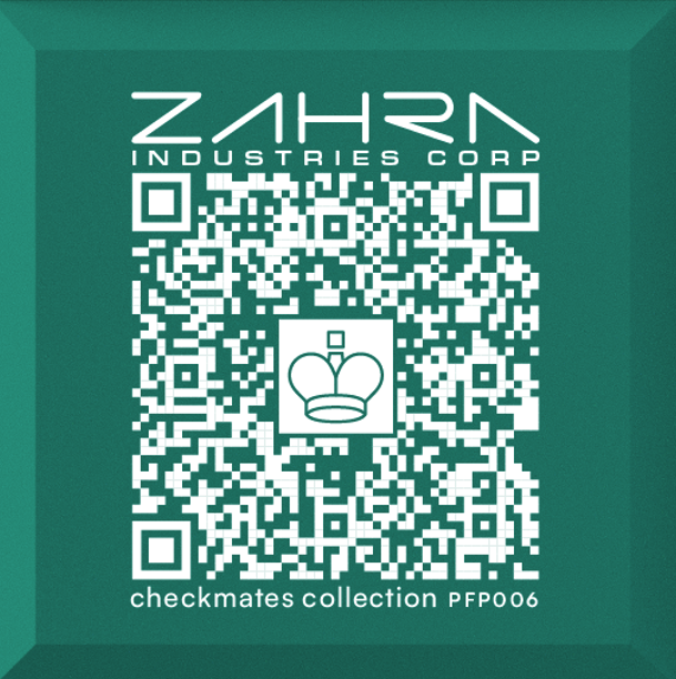 TigerBacon's tweet photo. I designed each @CheckMatesNFT to hold this QR code with the piece info, and the piece identifier icon. The set collection name is above it all, this being "Zahra Industries". The story for the set can be read on https://t.co/uhBoFNcSAv   #chess #worldbuilding @GameStopNFT https://t.co/M5Rbo9M6yx