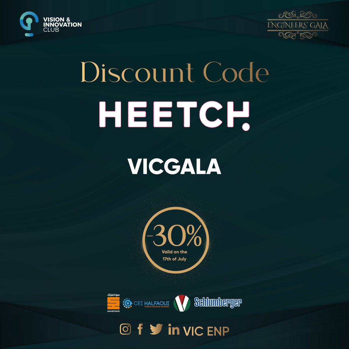 vic_enp's tweet photo. [ Engineers' Gala | Cab Discount ] 

With the VTC app @heetch you can get a -30% off using only the discount code: VICGALA for rides to and from the "Sheraton Club Des Pins Resort" during the whole day of the event.

*Reduction ceiling at 250 da*

#VIC_enp #EngineersGala https://t.co/Qh2r6LYGyK
