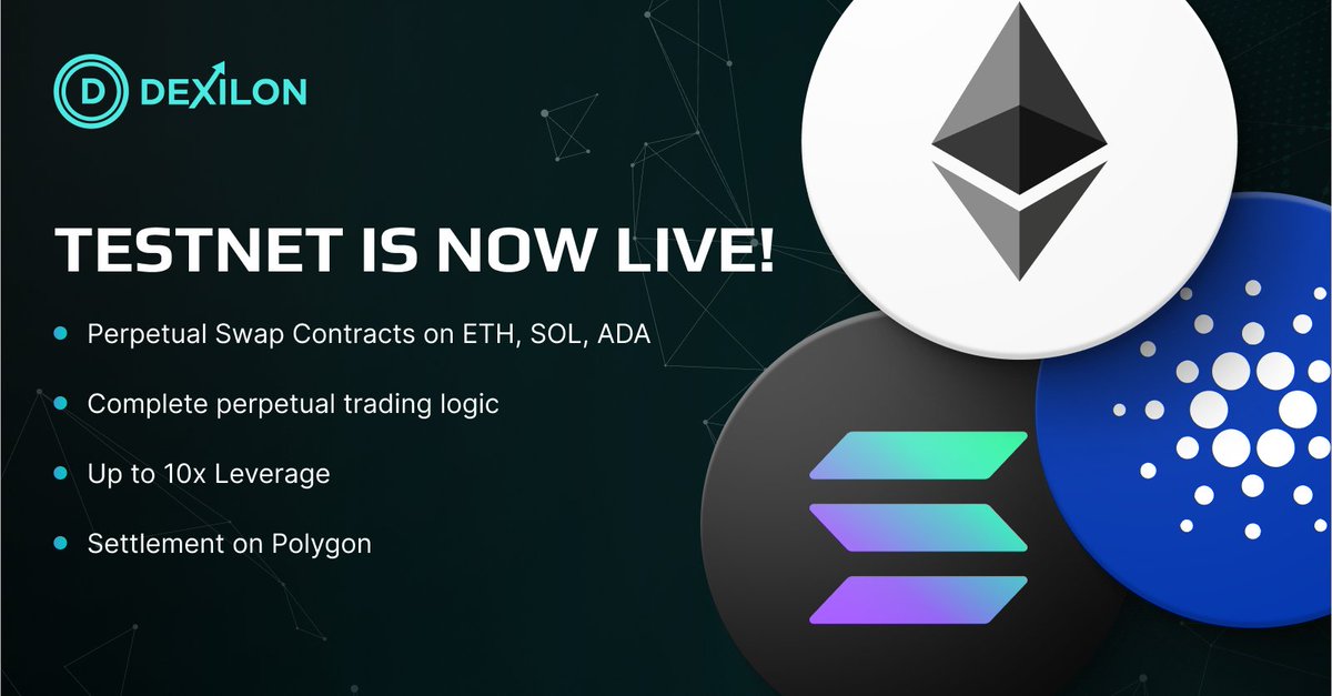 DexilonExchange's tweet photo. Dexilon TestNet Is Now Live!⚡️🎉
Key Features:

🔸 Perpetual Swap Contracts on ETH, SOL, ADA
🔸 Complete perpetual trading logic-
🔸 Up to 10x Leverage
🔸 Settlement on Polygon

▶️ Get Started now at Dexilon: https://t.co/PnjhzZWDqj https://t.co/eD34TUajHq