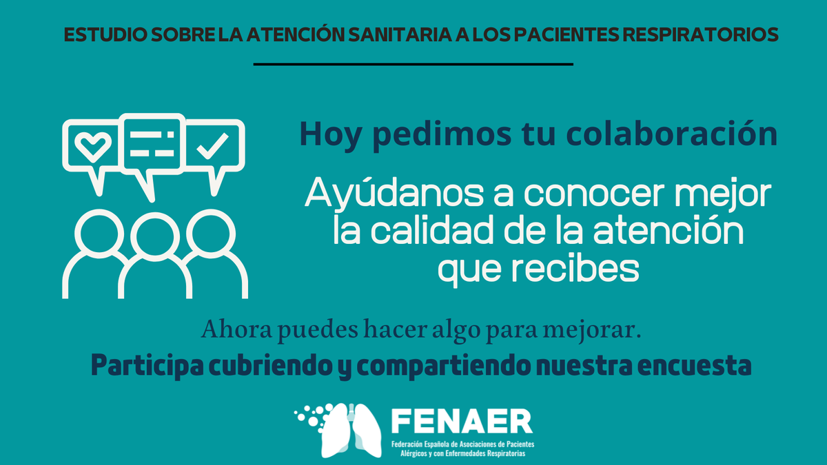 Cáncer de Pulmón (@aeacap) on Twitter photo 🔵✍️ <a href="/AEACaP/">Cáncer de Pulmón</a> os invita a participar en la encuesta de <a href="/fenaer2/">FENAER PACIENTES</a>, un estudio para conocer la calidad de la atención sanitaria que reciben los #pacientes respiratorios 👇
➡️ ¿Nos ayudas a conocer tu opinión?
👉 bit.ly/AEACaP-Encuest…
#AtenciónSanitaria #estudio #paciente #salud 🔵✍️ <a href="/AEACaP/">Cáncer de Pulmón</a> os invita a participar en la encuesta de <a href="/fenaer2/">FENAER PACIENTES</a>, un estudio para conocer la calidad de la atención sanitaria que reciben los #pacientes respiratorios 👇
➡️ ¿Nos ayudas a conocer tu opinión?
👉 bit.ly/AEACaP-Encuest…
#AtenciónSanitaria #estudio #paciente #salud
