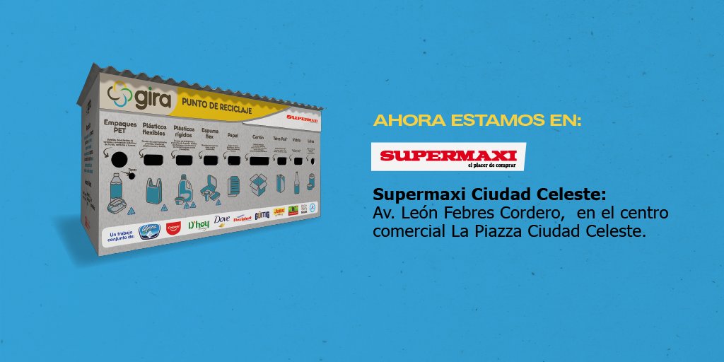 GiraReciclaEC's tweet photo. 📢 ¡Buenas noticias que nos acercan más a ustedes! 📢
¡Ya son 23 puntos de ♻️ reciclaje en #Guayaquil!
Visita nuestro nuevo Punto GIRA
📍@SupermaxiEcu Ciudad Celeste
✅ Ahora puedes cuidar el planeta junto a nosotros 💚🌎
@CorpFavoritaEc
#ReciclarTransforma #ReciclaEcuador https://t.co/SrvY1najOd