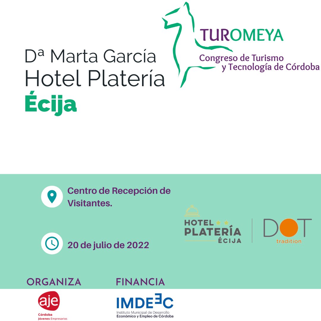 Os presentamos a los ponentes del Congreso TurOmeya
Contamos con Marta García Aldana directora  de 
<a href="/hotelplateria/">Hotel Rest Plateria</a> que nos hablará de innovación en el turismo, un sector que conoce a la perfección.
<a href="/AJECordoba/">AJE Cordoba</a> <a href="/imdeec/">Imdeec</a> 

#TurOmeya2022 #turomeya #somosAJE