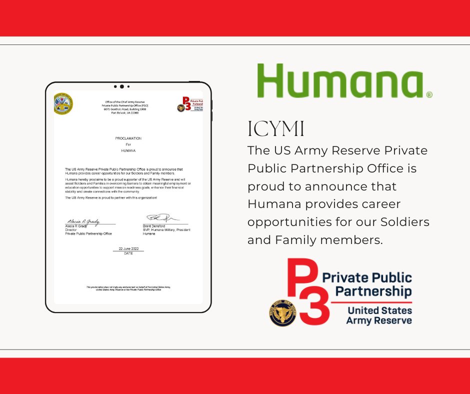 P3O_USAR's tweet photo. ICYMI: The US Army Reserve Private Public Partnership Office is proud to announce that Humana provides career opportunities for our Soldiers and Family members. https://t.co/4Sm5SgCwfM